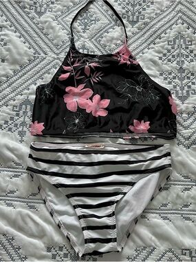 Girls Black Floral Halter Tankini with Pink Flowers & Striped Bottoms